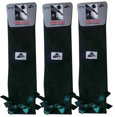 Girls Knee High School Socks Cotton Socks with Fluffy Ribbons Bow Back to School Socks Uniform Party Wear Socks Kids Long Socks (UK, Age, 11 Years, 16 Years, Regular, Green)