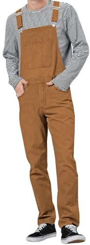 LONGBIDA Herren Denim Latzhose Relaxed Fit Fashion Jeans Jumpsuit, Braun, L