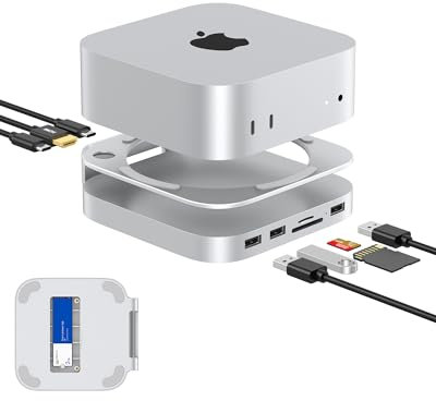 GEWOKLIY Mac mini M4 Dock, Aluminium-Ständer und Hub für Mac mini M4 und M4 Pro mit M.2 NVMe SSD-Gehäuse, 4K 60Hz HDMI, 2 x USB-A 10 Gbit/s, SD/TF-Kartenleser, USB 2.0 Daten (MC60H)