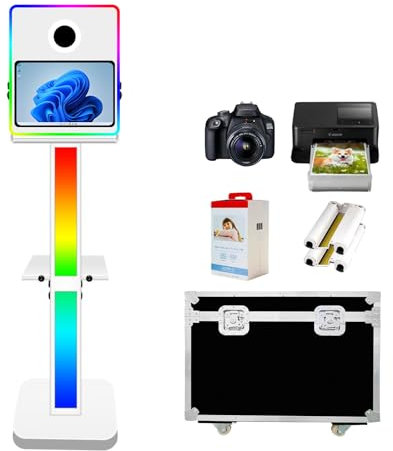 VANYA Cabine Photographique Portable avec Reflex Écran Tactile 15,6 Pouces, Appareil Photo et Impression Intégrés Coffret de Transport Inclus Éclairage RVB pour Mariages, Fêtes et Événements(White)
