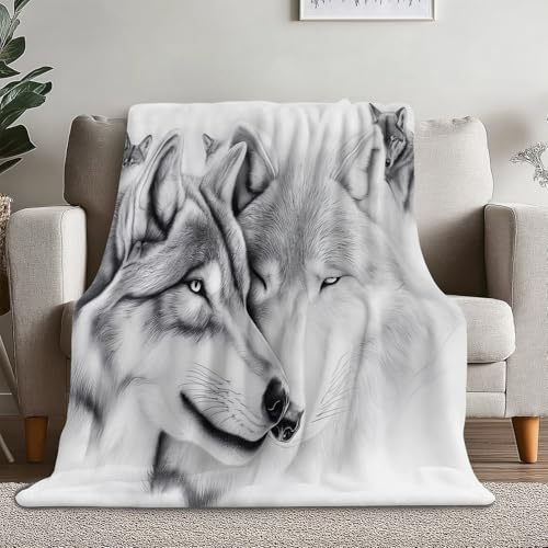 Decke 220 X 240 cm Weich Decke Flanelldecke Weich Wohndecke Grau Weiß Mikrofaser Kuscheldecke Sofadecke Für Kinder Erwachsene Tier Wolf Skizze 3D-Digitaldruck Warm, Bequem