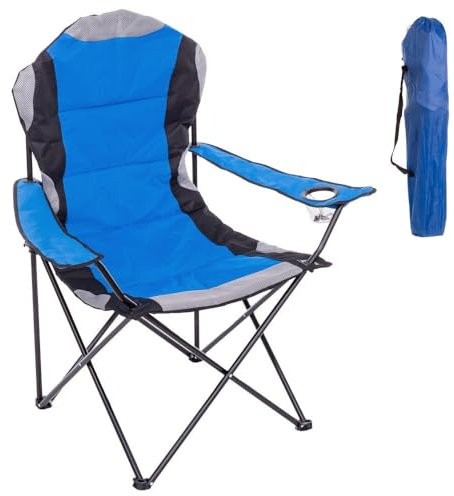Silla Playa Camping Pesca y Caza Acolchada Plegable Cierre Tijera Estructura Acero con Epoxi anticorrosión y Tejido Oxford Azul, portavasos y Bolsa de Transporte