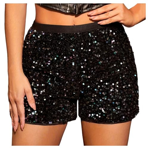 Pailletten Shorts Schwarz Damen Glitzer Hose Kurz Festival Sexy Rave Outfit Glänzend Damen-Shorts mit Pailletten Glänzend Kurze Hotpants Silber Freizeitshorts für Karneval Party Nacht Clubwear