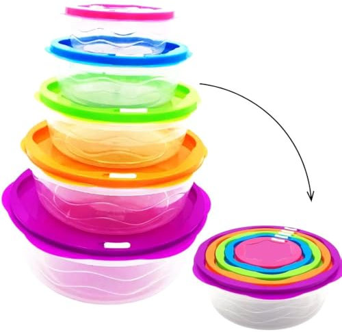 Mr.Gadget's Solutions 5 Pieces Mixing Bowls with Lids Set Airtight Nest Stackable Salad Bowl Plastic Rainbow Nesting Mixing Bowl for Mixing Serving Prepping Cooking - Hexagonal