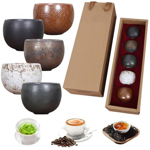 YANGUN Ceramic Espresso Cups Set of 5, 50ml Coffee Cups Ceramic, Tea Cup, Mini Handmade Stoneware Glazed Demitasse, Dishwasher Safe, Keeps Warm, Without Handle for Tea and Coffee, Gift Box