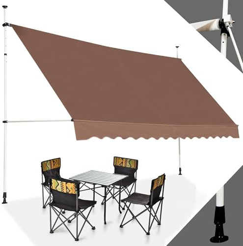 RELAX4LIFE Store Banne Rétractable 4M sans Perçage avec Manivelle, Marron | Auvent Balcon Rétractable en Tissu Oxford Anti-UV Imperméable, Hauteur Réglable 2-3M, Store Banne pour Porte Fenêtre Boutique