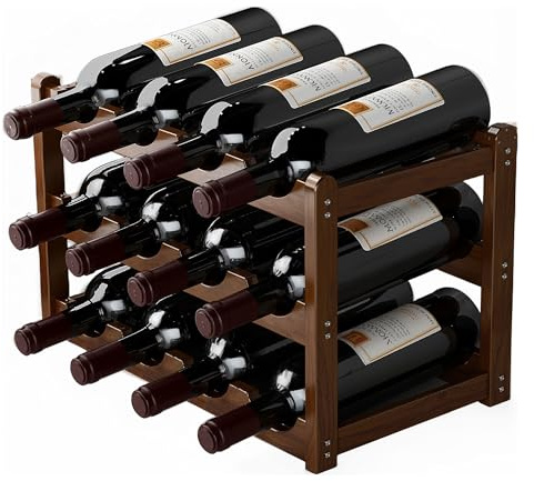 INCETUE 3 Tier Wooden Wine Rack, 43cm Wine Storage Holder for 12 Bottles, Home Standing Bottle Wine Shelf for Kitchen, Cabinet, Cupboard, Bar, Cellar Countertop Decorations - Brown