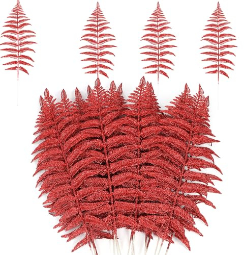 MWOOT 16 Stück Weihnachten Künstliche Farne Pflanzen, Glitzer Künstliche Blätter Rot, Gefälschte Künstliche Zweige DIY Zubehör für Girlande Kranz Weihnachtsbaum Blumenstrauß Haus Garten Dekoration