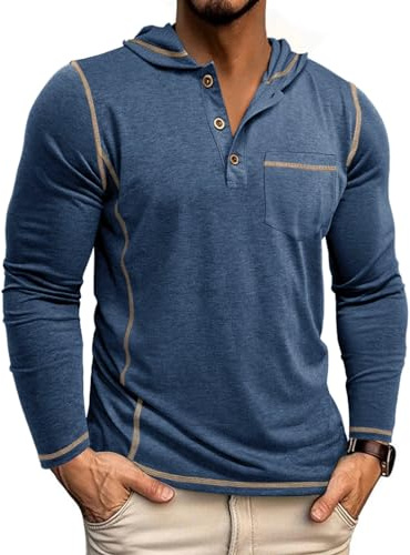 YawYews Herren Langarmshirt Longsleeve T-Shirts mit Kapuze Shirt Langarm Longshirt mit Tasche Knopfleiste Blau XL