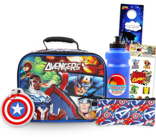 Marvel Juego de lonchera para niños de Los Vengadores, bolsa de almuerzo, llavero, botella de agua, calcomanías, kit de contenedor de comida de los Vengadores para niños
