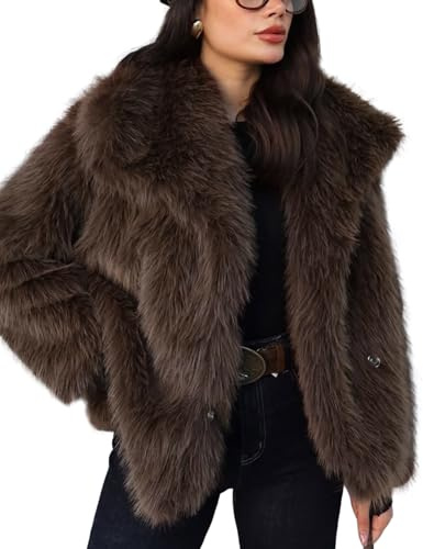 Wyeysyt Womens Faux Fur Coat Cropped Fluffy Shaggy Jacket Lapel Winter Warm Furry Short Coat(Coffee-Medium)