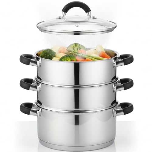UNIQUE CARFTS 3 Tier Stainless Steel Steamer Pan | Durable Vegetable Steam Cooker Pots with Glass Lid, Vent & Twin Handles | Suitable for All Hobs Inc Induction | Dishwasher Safe | 22CM (20cm)
