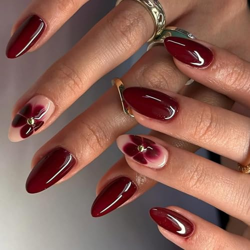 Viugex 24 Pièces Faux Ongles, Amande French Tip Glossy Press on Nails, Court Bourgogne Élégant Ongles à Coller, Fleurs Naturel Acrylique Artificiel Capsules Ongles pour Femmes et Fille Nail Art