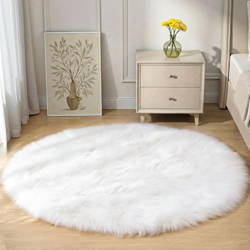 Goolela Runder Teppich Weiß 200 cm, Großer Flauschiger Fellteppich aus Kunstfell für Wohnzimmer und Schlafzimmer