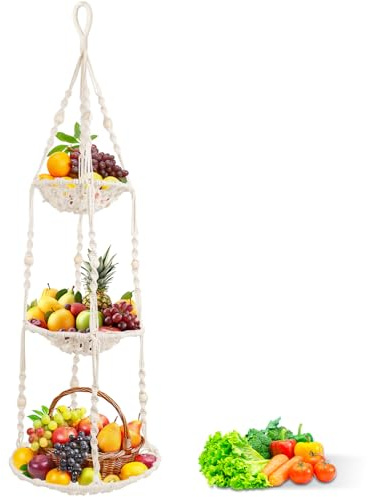 Obstkorb hängend aus Baumwolle, 3-stöckige Etageren Boho Deko, Hängekorb Küche für Obst Gemüse Brot Kartoffeln & Zwiebeln, luftig & platzsparend, Bananenhalter, nordischer Stil, inkl. 2 Haken, Weiß