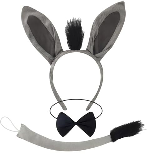 3 Stück Graues Esel Kostüm Set, Tier Kostüm Sets Kostüms Party Dekoration Zubehör Haarreif mit Ohren, Schwanz, Party Dekoration Zubehör, Tier Verkleiden Sets, Karneval, Fasching, Maskerade, Cosplay