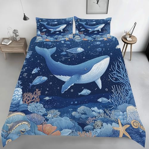 Generisch Blau Wal Bettwäsche 135x200, Koralle Fisch Wendebettwäsche, Unterwasserwelt Motiv Bettbezug mit Reißverschluss, Weiche Mikrofaser Bettwäsche Sets 2 Teilig mit 1 Kissenbezug 80x80 T81s