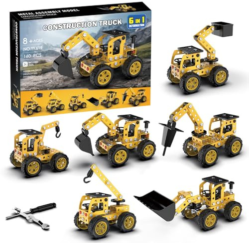 YINcrinx Kit de construcción metálico: vehículos de Obra, con 160 Piezas, Rompecabezas metálico 3D 6 en 1, Regalo de cumpleaños, Juguete de construcción Apto para niños a Partir de 8 años.