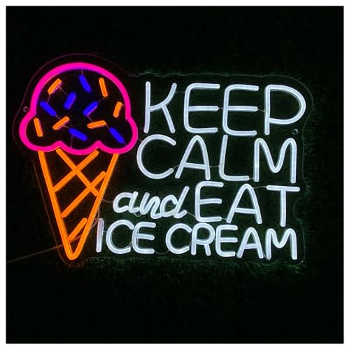 Hängende Kunst Leuchtreklamen Neonschild Keep Calm And Eat Ice Cream LED-Licht, Dimmbar, Für Dessertladen, Offenes Café, Bar, Bistro, Männerhöhle, Kneipe, Heimwanddekoration, 50x35.5cm