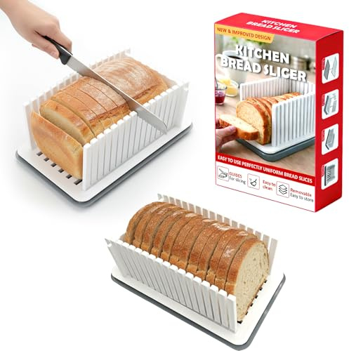 New Upgrade Bread Slicer for Homemade Bread, Bread Slicing Guide Adjustable Width, Foldable and Compact Cutting Guide with Crumb Tray, Suitability for Homemade Bread, Bagels, Cakes