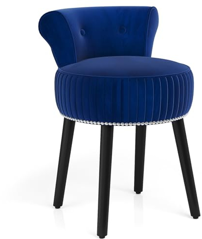COSTWAY Dressing Table Stool, Upholstered Velvet Vanity Stool Chair Footrest with Rubber Wood Legs and Tufted Low Back, Comfy Accent Makeup Chair Seat Footstool for Bedroom Living Room (Blue)
