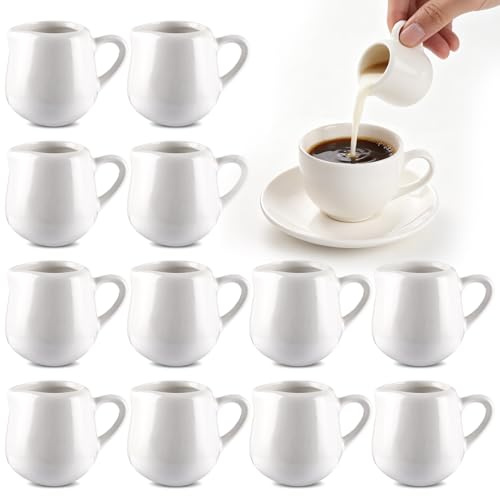 DAJAVE 12 piccole brocche per il latte, 60 ml, in ceramica bianca, con manico, mini brocche per sugo o salsa di latte o caffè