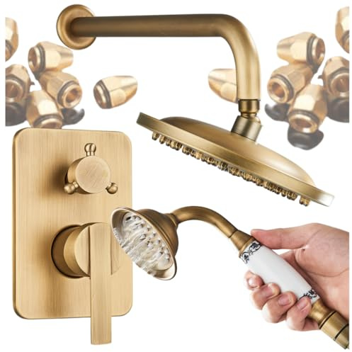 Ari Retro Unterputz Duschset 20cm Regendusche mit Handbrause, Duschsystem aus Messing und Edelstahl, Duscharmatur Set für das Bad, Regenduschkopf mit Verstellbarem Winkel (Messing)