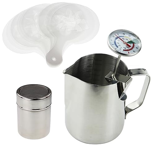 Barista Kit Includes Milk Thermometer, 600ml Milk Jug, Cocoa Shaker and 16 pc Stencil Set - Ideal for Coffee Latte Cappuccino Mocha
