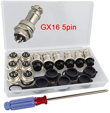 QitinDasen 6Pcs GX16 5-Broches Aviation Connecteur, 5A 16mm Mâle & Femelle Métal Panneau Aviation Connecteur Fiche Prise, avec Caoutchouc Capuchon et Tournevis
