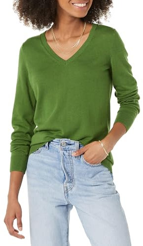 Amazon Essentials Women's Regular-Fit Lightweight Long-Sleeve V-Neck Jumper (Available in Plus Size), Green, L