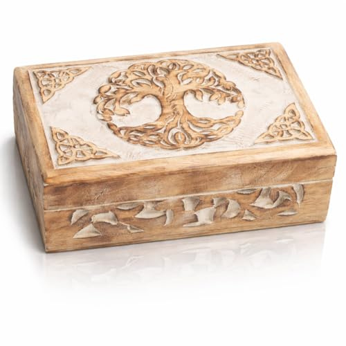 Tolles Geburtstagsgeschenke Handgemachte dekorative hölzerne Schmuckkasten Baum des Lebens Carving Schmuck Organizer Andenkenkasten Schatztruhe Schmuckstück Halter Aufbewahrung Schloss Box (White)
