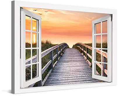 PICANOVA – Stampa su Tela Sentiero in Legno Verso Il Mare Finestra 120x80cm – Quadro su Tela Moderno Incorniciato con Spessore di 2cm – Foto Decorazione da Parete Come Dipinto – Collezione Spiagge