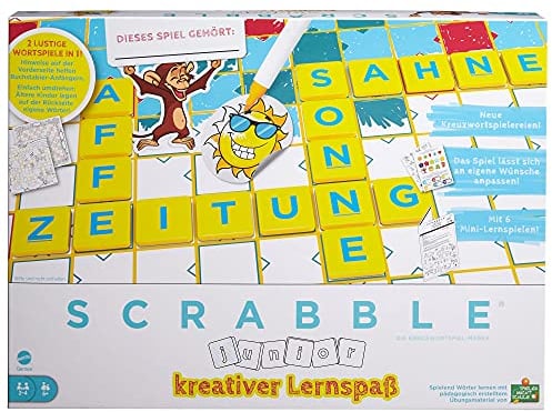Mattel Games HCK86 - Scrabble Junior Kids Kreuzworträtsel-Spiel mit 2 Spielebenen, 6 Minispielen & Aufklebern für die individuelle Gestaltung, Brettspiel ab 6 Jahren