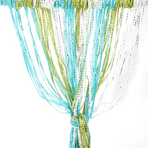 Vidillo Fadenvorhang, Fadenvorhang Glitzer Weiss 100 x 200 cm Wandvorhang Schaufensterdekoration, Dekorative Gardine Raumteiler Fliegenschutz für Hochzeit, Café, Restaurant (Grün Blau Weiß)