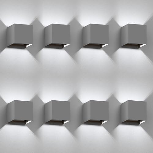ledscom.de 8 Stück Wandleuchte CUBEL für außen, grau, IP65, Up & Downlight, quadratisch + LED Lampe 596lm, weiß