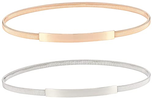 JasGood 2 Stücke Damen Skinny Metallgürtel Modische Elastische Taillengürtel Gold Silber Bund Gürtel Hüftgurt, Gold/Silber, 74cm