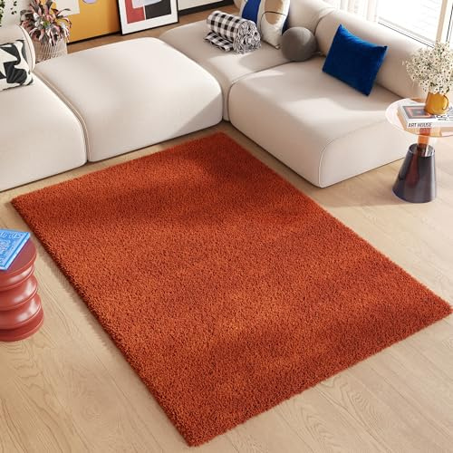 TAPISO Essence Teppich Hochflor Shaggy Ziegelrot Terrakotta 140 x 200 cm | 100% Polypropylen, 40 mm Florhöhe, gewebt