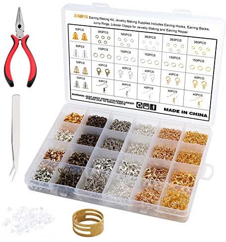 Coolty Ohrring Haken Set 3353 Stück Ohrring Herstellungs Kit mit Ohrringhaken Ohrringverschlüssen Binderingen Karabinerverschlüssen für die Herstellung und Reparatur von Ohrringen Schmuck DIY