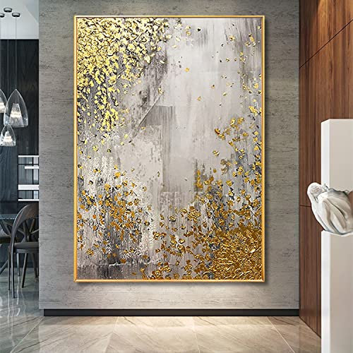 Cuadros Pintados A Mano sobre Lienzo,Abstracto Arte De Pared Extra Grande Obra De Arte Moderna con Textura Lámina De Oro Patrón De Hojas Pintado A Mano Pinturas Al Óleo Sin Marco Pintura De
