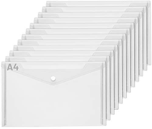 LALAGO Dokumententaschen A4, 12 Stück Transparent Dokumentenmappe Mit Druckknopf, Brieftaschen für Datei, Papier, Quittungen, Hausaufgaben, Schulbüro