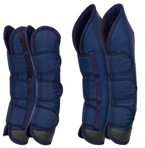 Start Transportgamaschen Pferd – Profilierte Nylon Gamaschen mit Fleecefutter, Eco-Leder Verstärkung, Stabiler Klettverschluss – 4er Set für sicheren Transport (Full, Dunkelblau)