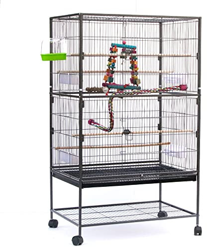 Volière Cage à Oiseaux sur roulettes Design Maison perchoirs Portes Plateaux excréments Amovibles métal Pet Products,Cage, Livrée avec Accessoires et Support avec Rangement, 78 * 52 * 132cm