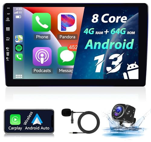 4G+64G Car Stereo Double Din Car Radio Android Wireless Carplay Andorid auto Mirror Link, Rimoody 9'' HD Touchscreen GPS WiFi Bluetooth FM/RDS EQ-32 SWC Split screen Backup Camera