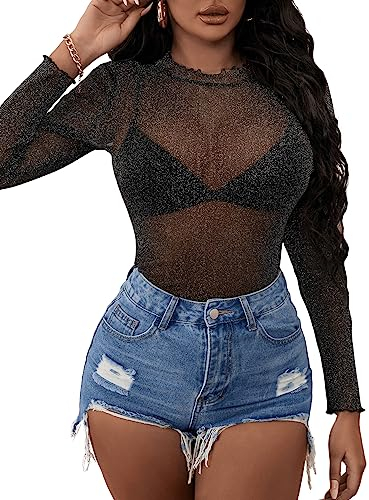 GORGLITTER Durchsichtiges Oberteil Damen Y2K Netzoberteil Transparent Mesh Top Glitzer Oberteile für Festival Outfit Netzshirt Schwarz M