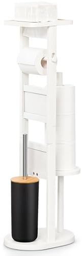Yorbay Porte Papier Toilette sur Pied, Distributeur Papier Toilette en Bambou, avec Support Smartphone, Brosses WC et Supports (Blanc)