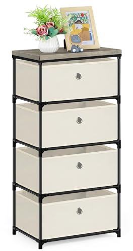 LIANTRAL 4 Tier Chest of Drawers, Metal Frame Vertical Fabric Dresser, Large Capacity Storage Organizer Unit for Bedroom, Living Room, Hallway and Closet, Off-white