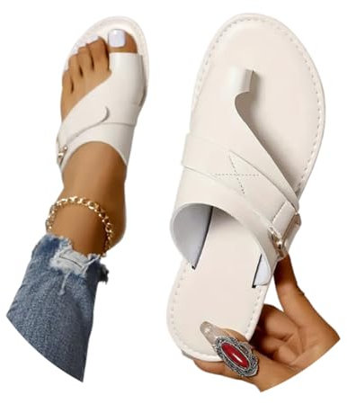 Onsoyours Hallux Valgus Sandales Femme Été Confortable Plates Tongs PU Nu Pieds Bout Ouvert Chaussures Orthopediques Sandales Pantoufles de Plage Vacances Slippers A Blanc 39 EU