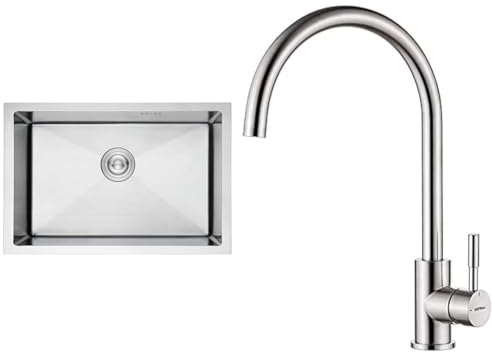 Ibergrif, M87044 Fregadero Cocina 70 x 44 cm, Fregadero Bajo Encimera o Sobre Encimera & GRIFEMA Irismart G4008 Grifo de Cocina Alto con Caño Giratorio, Mezclador de Fregadero