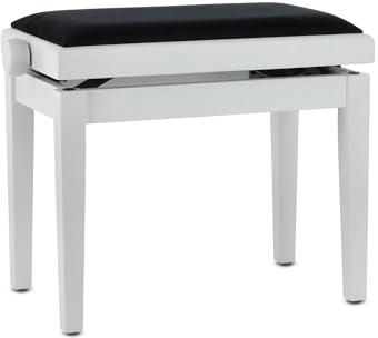 GEWA Pianobank Deluxe Vinyl - Weiß matt - Massivholz - Vinyl Sitzbezug - 52x30cm Sitzfläche - Höhenverstellbar - Hochfeste Fixierung - 2t Bruchlast