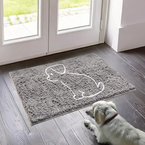 Muddy Mat® Hunde-Sitztür-Stickmatte, super saugfähige Mikrofaser, für drinnen und draußen, rutschfest, waschbar, Haustierteppich, schnell trocknend, Chenille, Eingangsbereich, maschinenwaschbar, Grau,